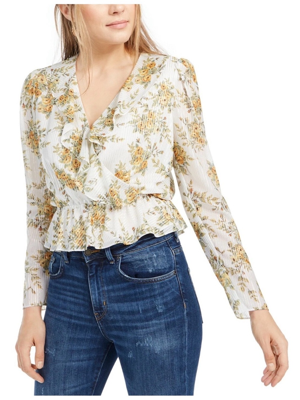Leyden Floral Peplum Wrap Blouse White Yellow Small EUC